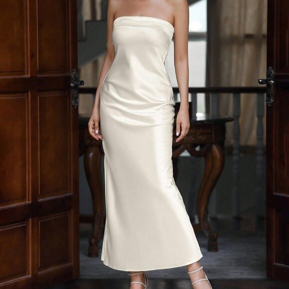 Apricot Elegant Women's Solid Color Strapless Dress - Picture 5 of 6